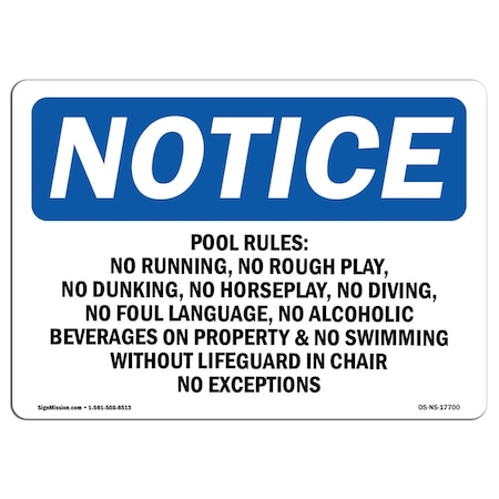 Signmission OSHA Notice Sign, 18" H, Aluminum, Pool Slide Rules 1. No Life Jackets Or Flotation Sign, Landscape OS-NS-A-1824-L-17700